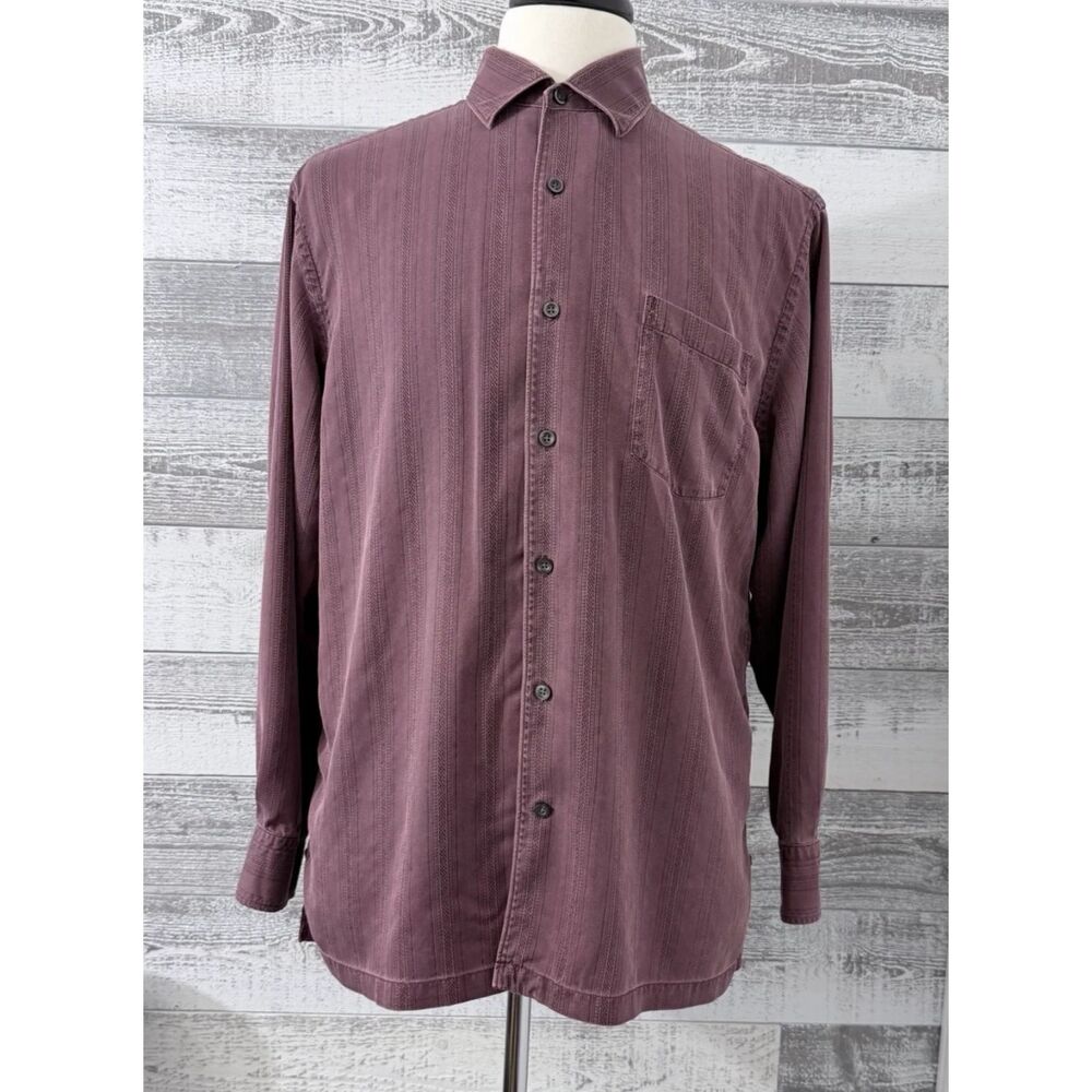 Tommy Bahama Men's L Burgundy Stripe 100% Silk Button Up Shirt Long Sleeve